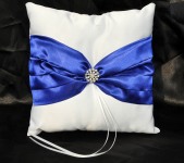 White Wedding Ring Bearer Pillow Royal Blue Ribbon and Diamante Ring Set in the Middle